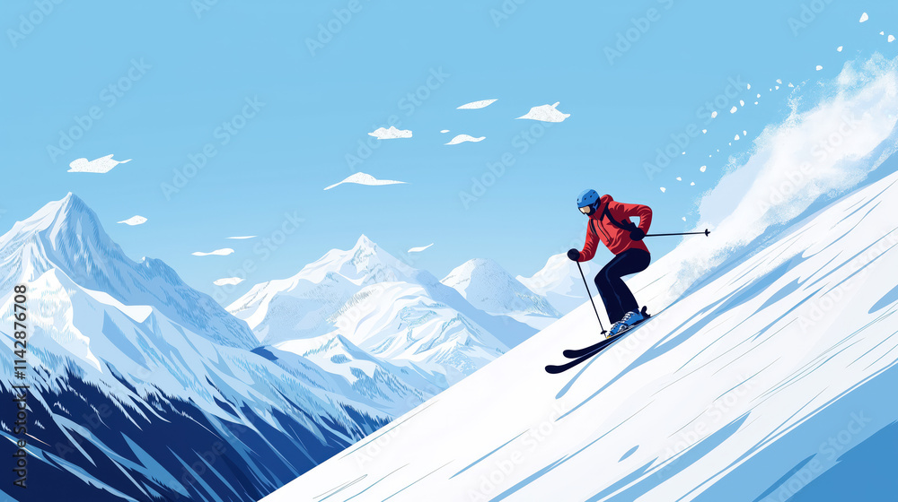 skier on a ski slope, skiing on ski resort, minimalist flat illustration, vector art poster, ski poster, Ultra-high resolution skier on a ski slope, skiing on ski resort, minimalist flat illustration, vector art poster, ski poster, Ultra-high resolution