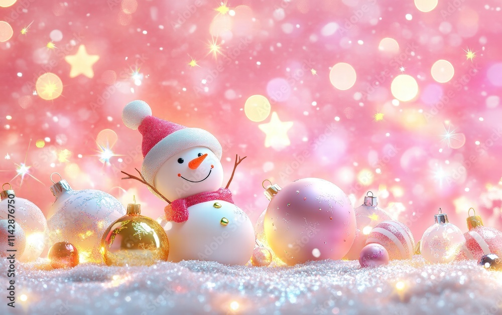 A whimsical holiday scene with pastel-colored baubles, cartoonish snowmen, and glowing stars on a bright pink background