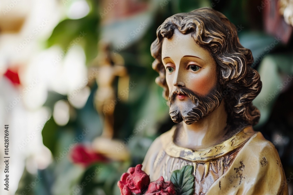 A statue of Jesus Christ holding a rose in his hand, a symbol of love and devotion A statue of Jesus Christ holding a rose in his hand, a symbol of love and devotion