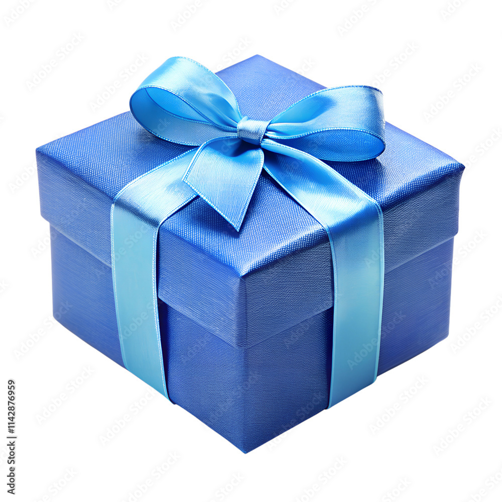 Obraz premium Blue gift box with bow ribbons isolated on transparent PNG background, Christmas, birthday, anniversary or Valentine's, holiday decor 