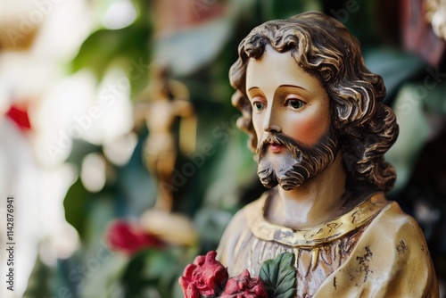 A statue of Jesus Christ holding a rose in his hand, a symbol of love and devotion photo