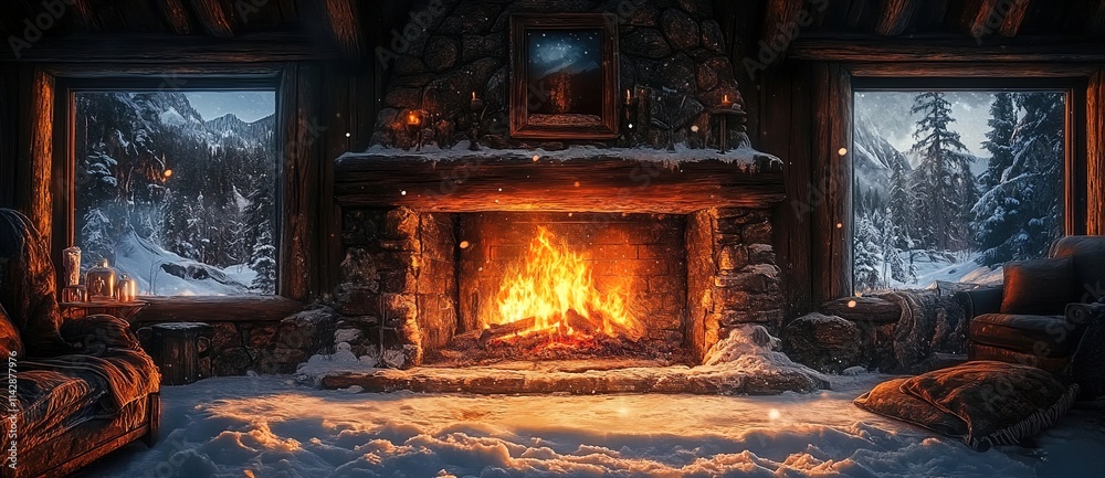 A cozy fireplace in an old, rustic cabin with snow outside the windows. A cozy fireplace in an old, rustic cabin with snow outside the windows.