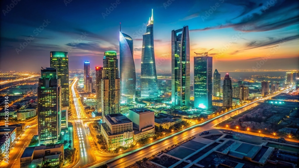 Fototapeta premium Riyadh King Abdullah Financial District Night Photography, Low Light Skyscrapers, Saudi Arabia Cityscape, Modern Architecture, Illuminated Buildings