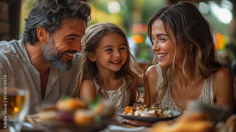 A family moment, mother, father, and child sharing a meal together A family moment, mother, father, and child sharing a meal together