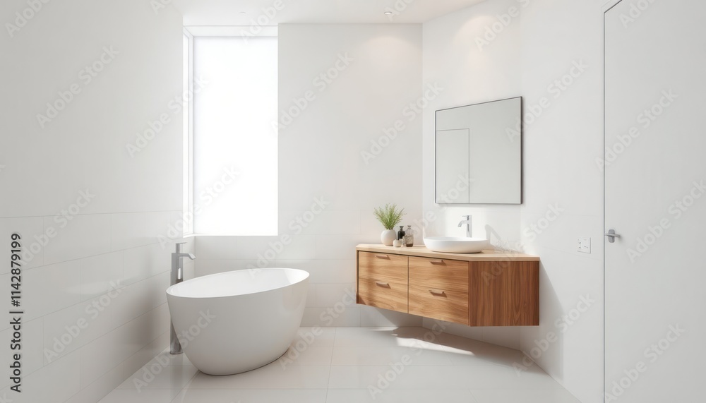 Bright minimalist bathroom interior clean lines, bright tones. Modern vanity with wooden countertop, sink. White bathtub, tiled walls create serene atmosphere. Large window allows natural light to Bright minimalist bathroom interior clean lines, bright tones. Modern vanity with wooden countertop, sink. White bathtub, tiled walls create serene atmosphere. Large window allows natural light to