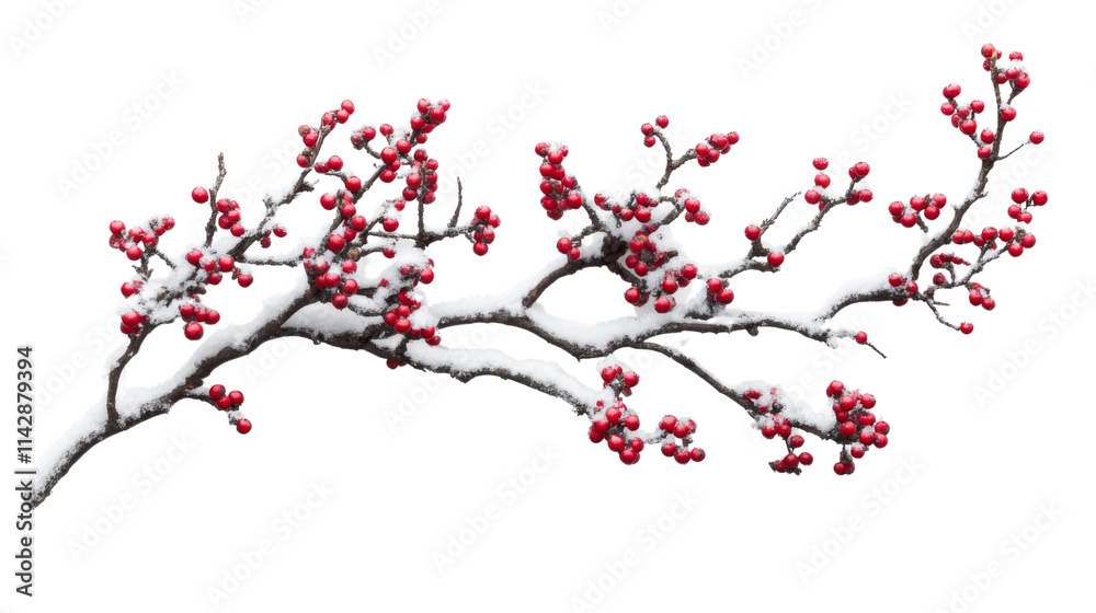 Naklejka premium Snow-covered tree branch with red berries, transparent background