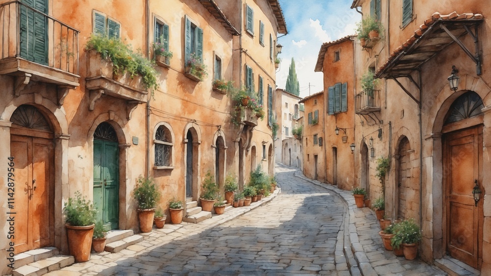 Narrow cobblestone alley in an old Italian town with pastel buildings and glimpses of terracotta rooftops above Narrow cobblestone alley in an old Italian town with pastel buildings and glimpses of terracotta rooftops above