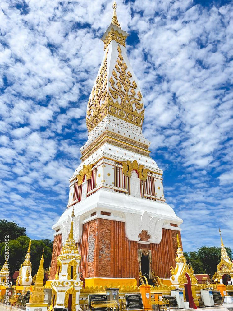 Naklejka premium Nakhon Phanom Province in THAILAND. Wat Phra That Phanom. Location Along the Mekong River. Peaceful and Believe in Buddhism. Blue Sky Colorful.