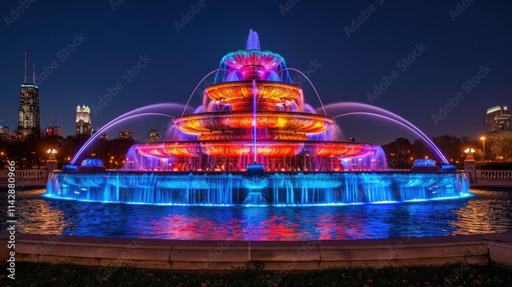 Obraz premium A vibrant illuminated fountain at night, showcasing colorful water displays.