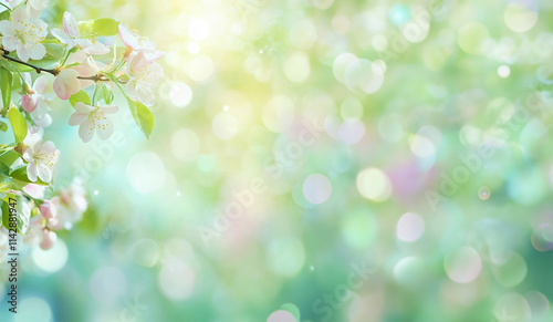 White and pink blossoms on branches on light spring background with bokeh and room for text. 