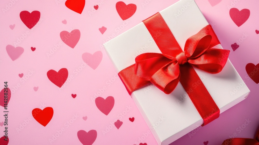 A beautiful white gift box adorned with a red ribbon on a soft pink background, perfect for birthdays, holidays, or special occasions A beautiful white gift box adorned with a red ribbon on a soft pink background, perfect for birthdays, holidays, or special occasions