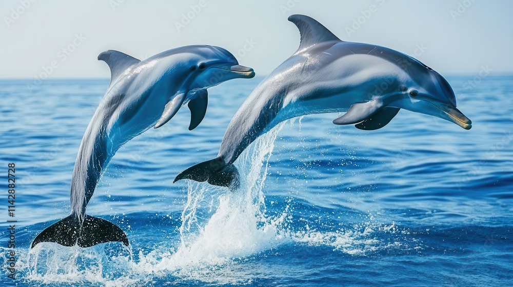 Fototapeta premium majestic dolphins leaping joyfully out of cerulean waves, sunlight cascading over their sleek bodies, symbolizing freedom and the wonders of marine life in a stunning ocean backdrop