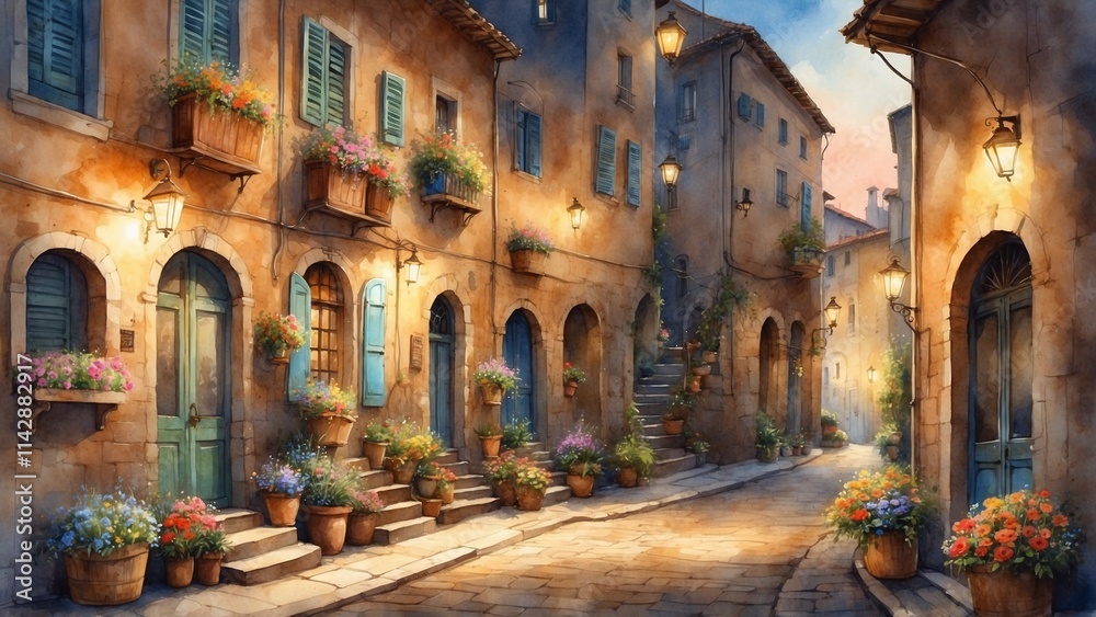 Fototapeta premium Watercolor painting of a charming Italian alley with flower baskets hanging from windows and warm streetlight glow in the evening