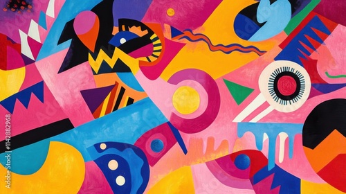 Abstract artistic composition with colorful Memphis patterns and geometric shapes
