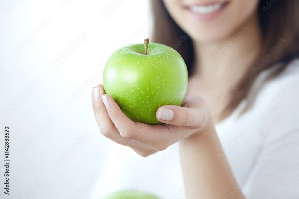 A woman holds a green apple in her hand A woman holds a green apple in her hand