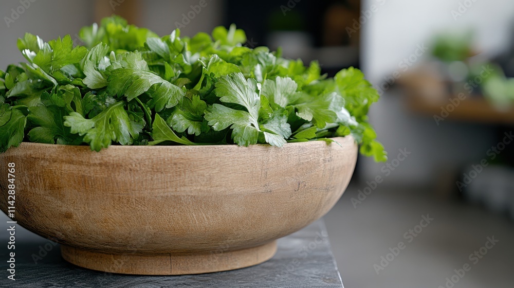 Lush green leafy greens overflow from a rustic wooden bowl, capturing the essence of freshness and natural abundance in a cozy kitchen setting. Lush green leafy greens overflow from a rustic wooden bowl, capturing the essence of freshness and natural abundance in a cozy kitchen setting.