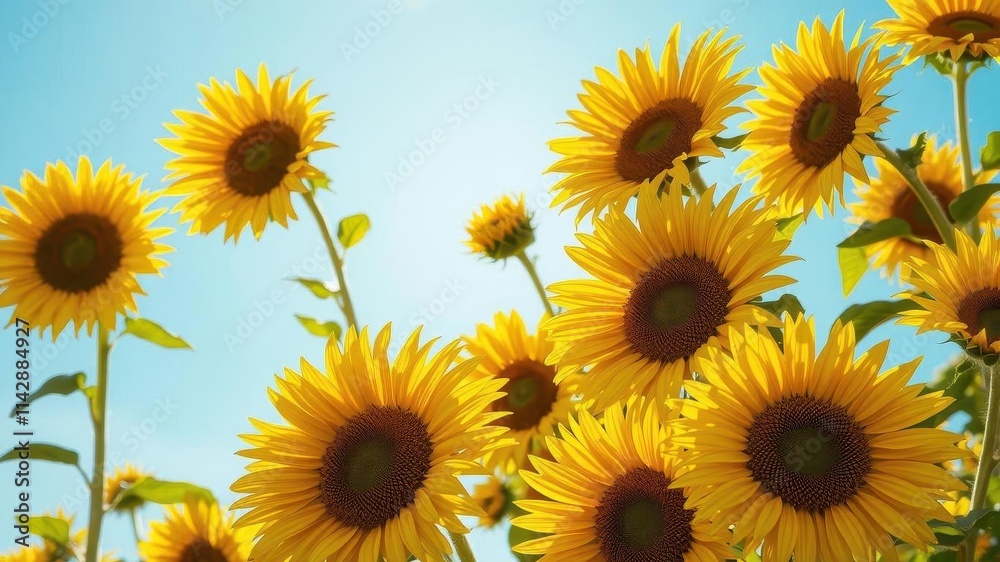 Golden sunflowers bask in bright summer sunlight, vibrant petals against a clear blue sky, summer day, sunshine, detail Golden sunflowers bask in bright summer sunlight, vibrant petals against a clear blue sky, summer day, sunshine, detail