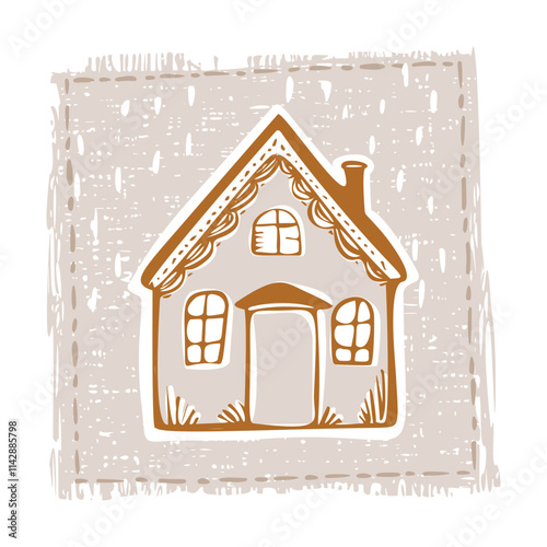 Whimsical snowy cottage door icon with december festive Christmas motif. Winter holiday social media cute hand drawn festive home card design element. 