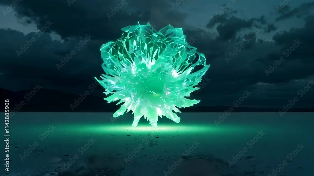 Glowing Green Crystalline UFO or UAP Landing in Dry Lake Bed Under Stormy Skies