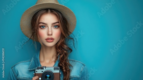 A woman wearing a hat holds a camera, ready to capture a moment photo