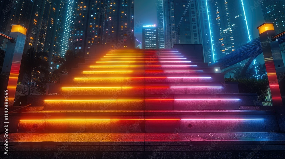 A vibrant staircase illuminated by colorful LED lights in an urban setting at night. A vibrant staircase illuminated by colorful LED lights in an urban setting at night.