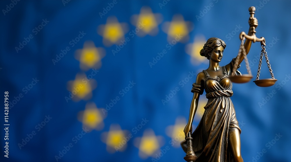 Obraz premium Lady Justice and the flag of the European Union. Symbol of law and justice with the EU flag.