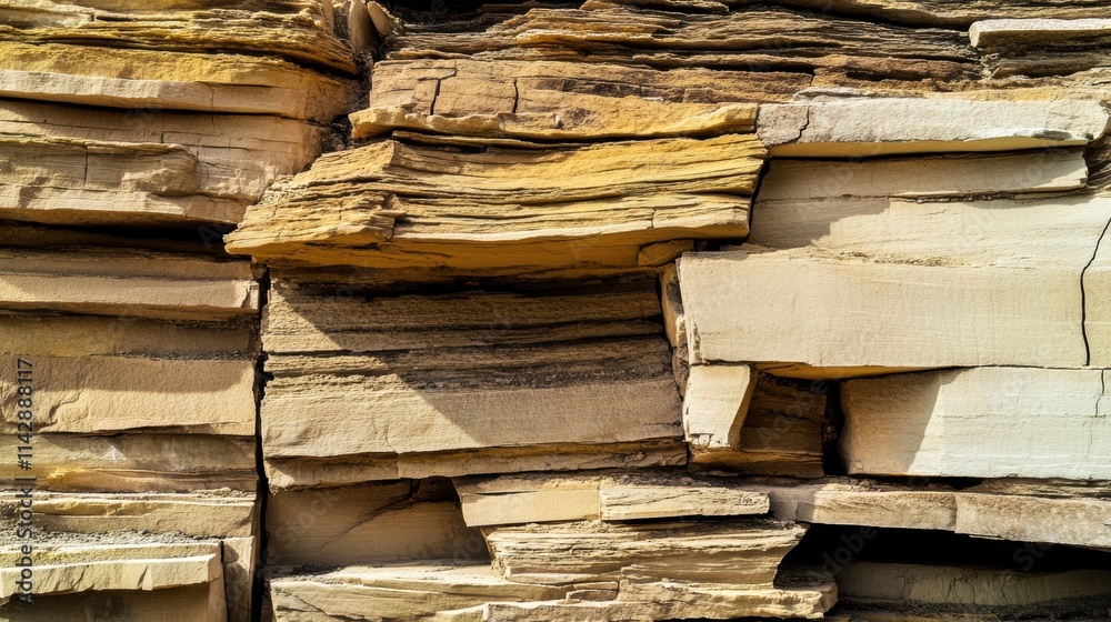 Close-up of rugged, textured sandstone bricks stacked in uneven, natural layers with warm tones of beige, light brown, and golden ochre, highlighting weathered edges and organic rock formations. Close-up of rugged, textured sandstone bricks stacked in uneven, natural layers with warm tones of beige, light brown, and golden ochre, highlighting weathered edges and organic rock formations.