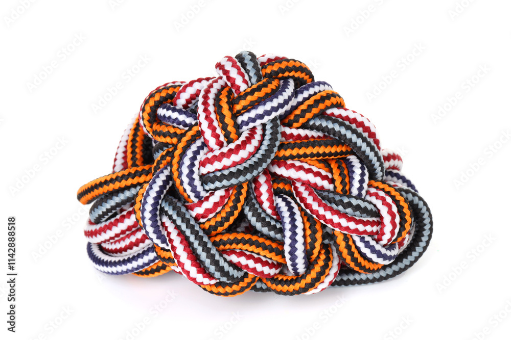 Colorful ropes tied together isolated on white. Unity concept