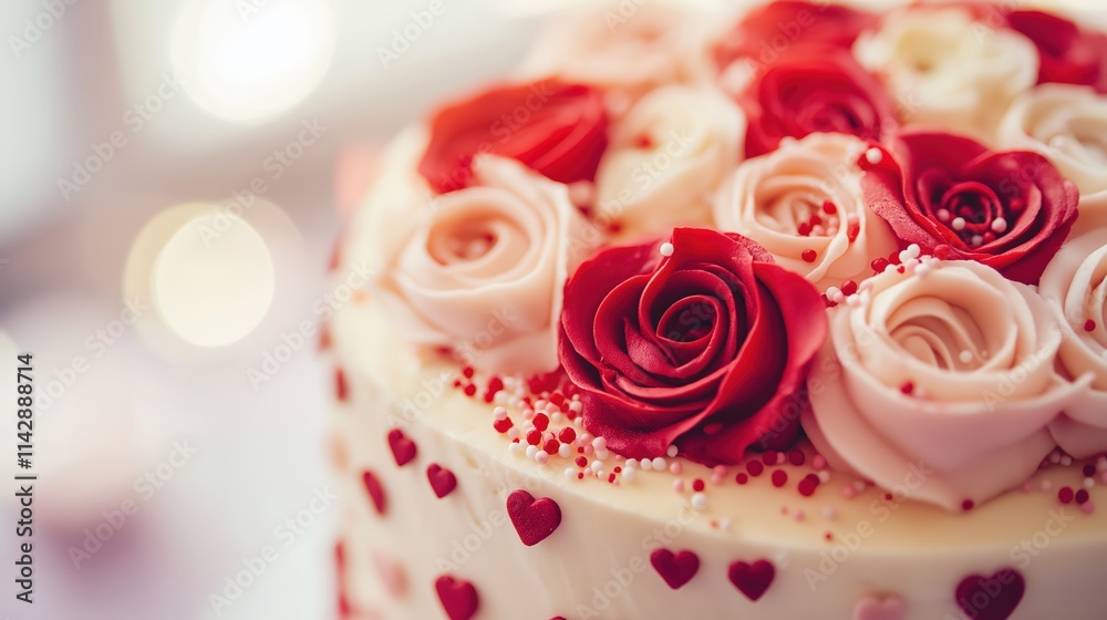 A close-up of a beautifully decorated Valentine’s Day cake featuring red and white roses, heart-shaped sprinkles, and elegant creamy frosting. A close-up of a beautifully decorated Valentine’s Day cake featuring red and white roses, heart-shaped sprinkles, and elegant creamy frosting.