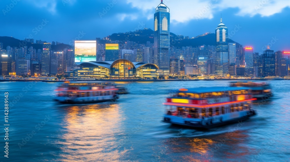 Naklejka premium Scenic River Boats Moving Across City Skyline