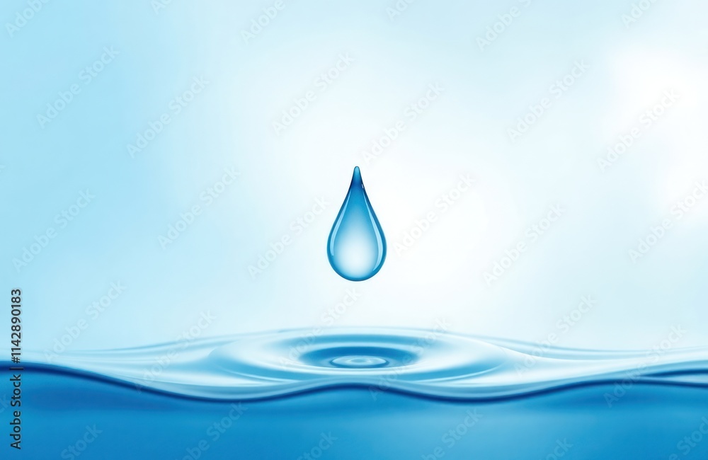 Clear water droplet gracefully falls on calm water surface. Fluid shapes, clear blue colors create fresh, pure visual. Minimalist style hydration, purity. Simple design ideal for branding wellness Clear water droplet gracefully falls on calm water surface. Fluid shapes, clear blue colors create fresh, pure visual. Minimalist style hydration, purity. Simple design ideal for branding wellness