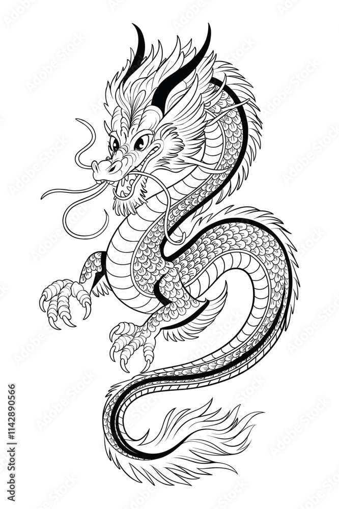 Fototapeta premium Intricate Chinese Dragon Line Art for Coloring Pages and Design Projects