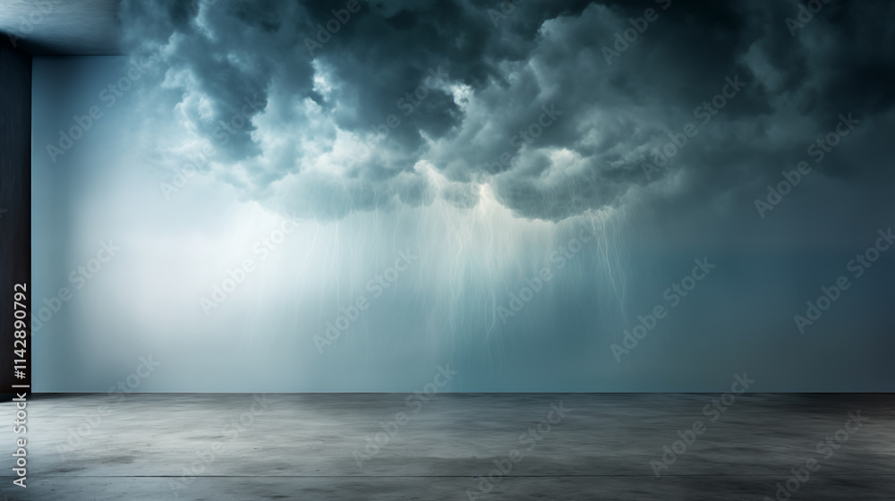 Large cloud with rain falling from it. The sky is dark and gloomy. The room is empty and has a grey wall Large cloud with rain falling from it. The sky is dark and gloomy. The room is empty and has a grey wall