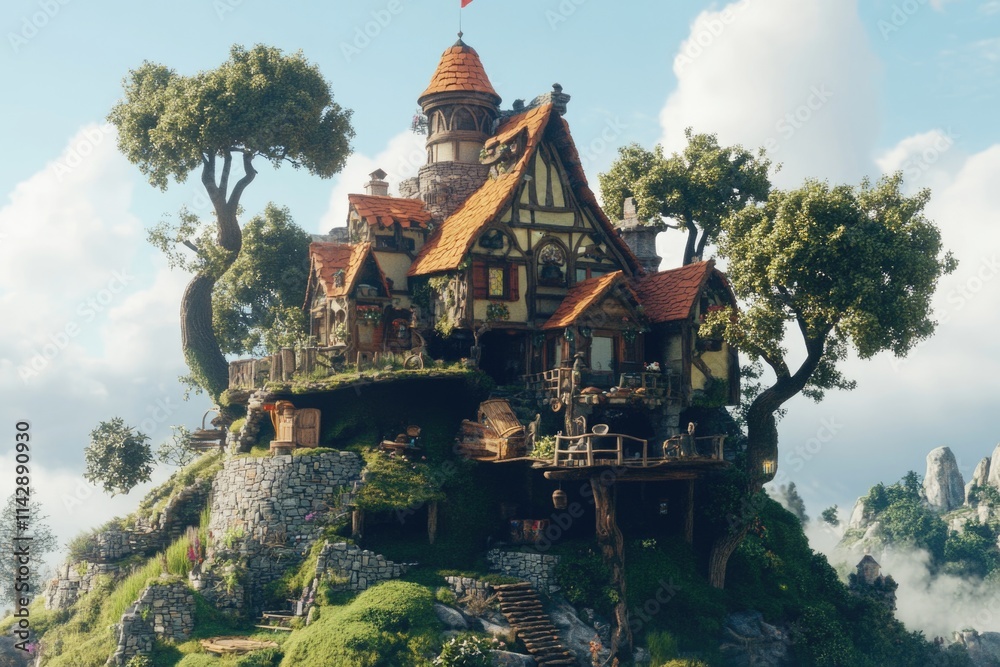 Naklejka premium A house sits atop a hill, featuring a flag at its peak