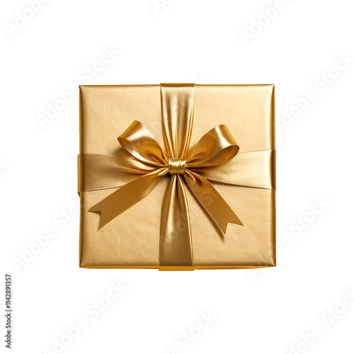 Golden present box, top view isolated on a white or transparent background