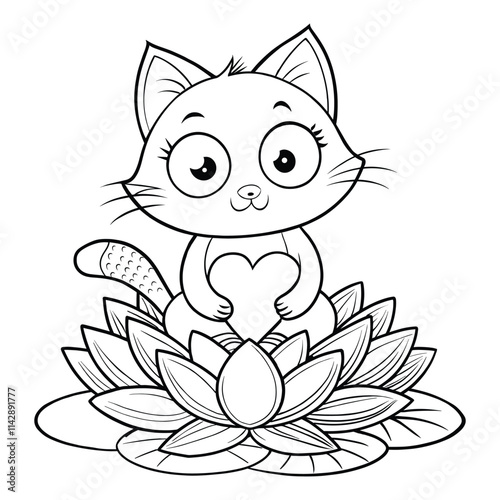 Cat Mandala Coloring Page with Lotus Flower Design