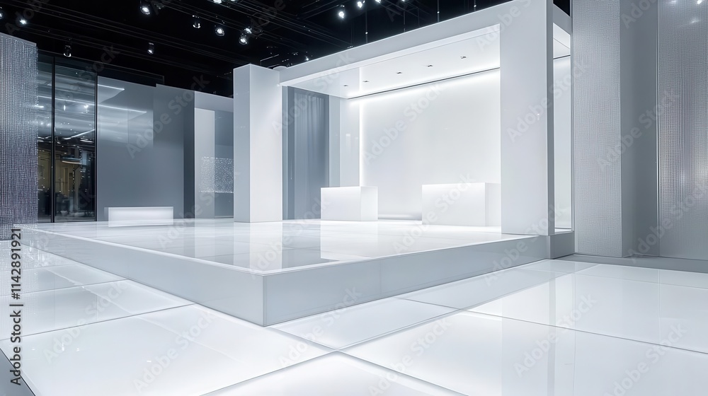 Fototapeta premium minimalist white glass stage with reflective surfaces, showcasing sleek, modern design, and a clean, futuristic atmosphere