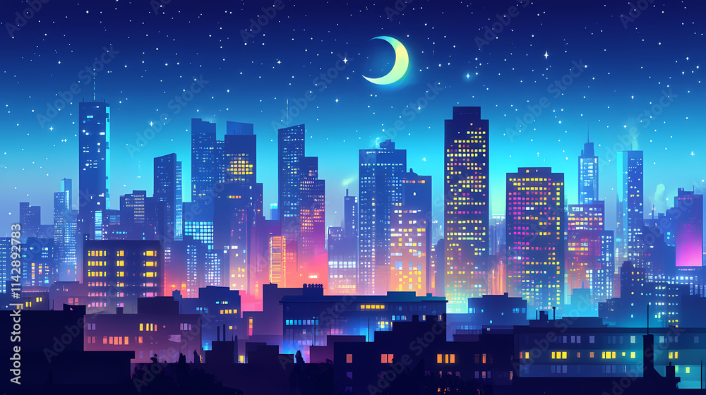 Obraz premium Urban nocturne rooftop view of city skyline at night wideangle cityscape. Nocturne. Illustration