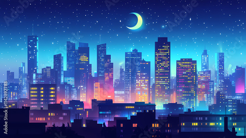 Urban nocturne rooftop view of city skyline at night wideangle cityscape. Nocturne. Illustration