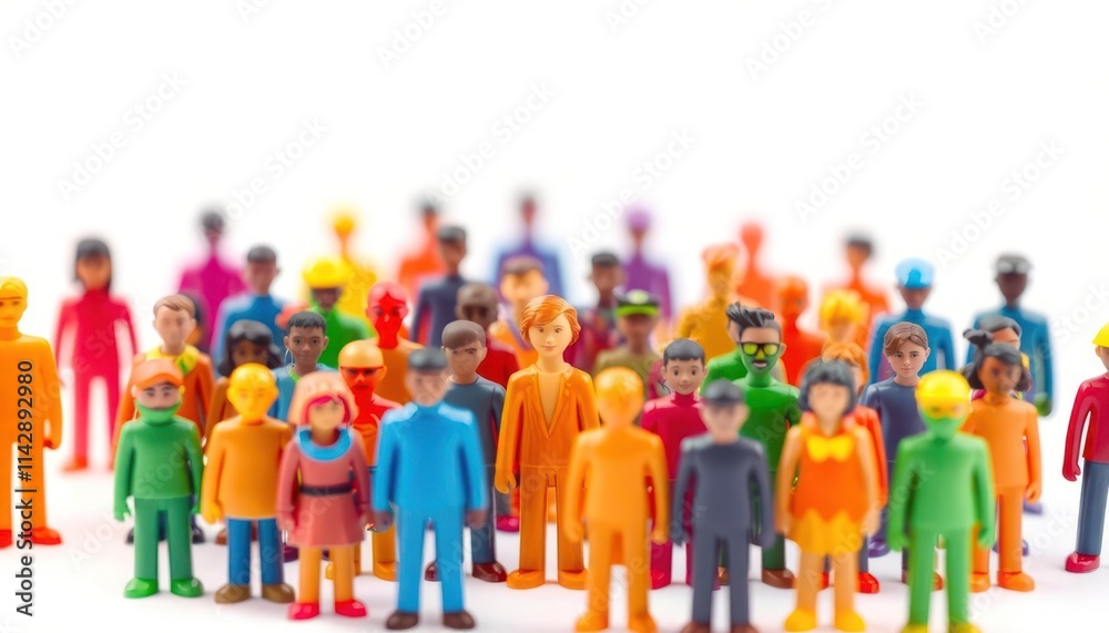 Obraz premium Colorful figurines represent diverse communities standing in crowd. Figurines various appearances, clothes. Diversity, inclusion theme visible. Bright colors, simple designs create aesthetic image.