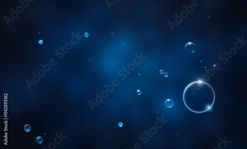 Abstract blue bokeh background with floating bubbles and soft light effect