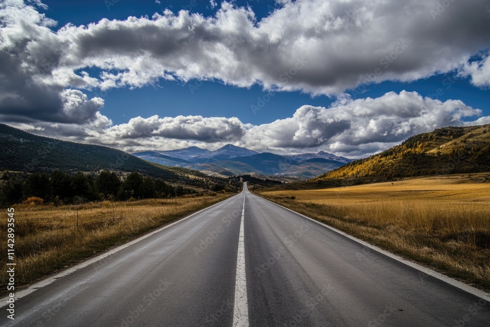 A deserted highway stretches into the distance with mountains rising up in the background A deserted highway stretches into the distance with mountains rising up in the background