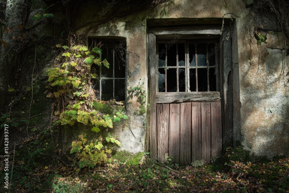 An old building with a wooden door and window An old building with a wooden door and window