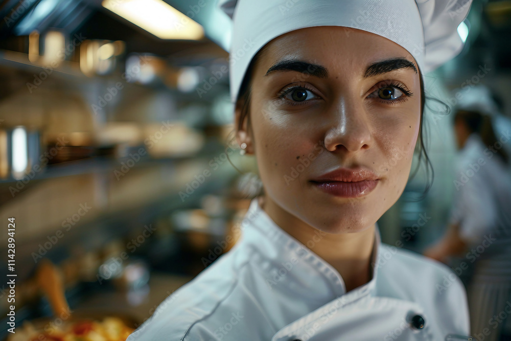 Generative AI Image of Smiling Professional Female Chef in Restaurant Kitchen Generative AI Image of Smiling Professional Female Chef in Restaurant Kitchen