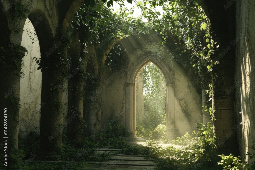 Sunlight shines through an archway in an old building, providing a warm and inviting atmosphere Sunlight shines through an archway in an old building, providing a warm and inviting atmosphere