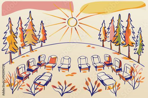 Outdoor Autumn Wedding Ceremony Setup with Empty Chairs and Trees
