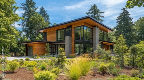 modern luxury home exterior featuring sleek lines and expansive glass windows, situated in a lush landscape, epitomizing sophisticated real estate design and elegance