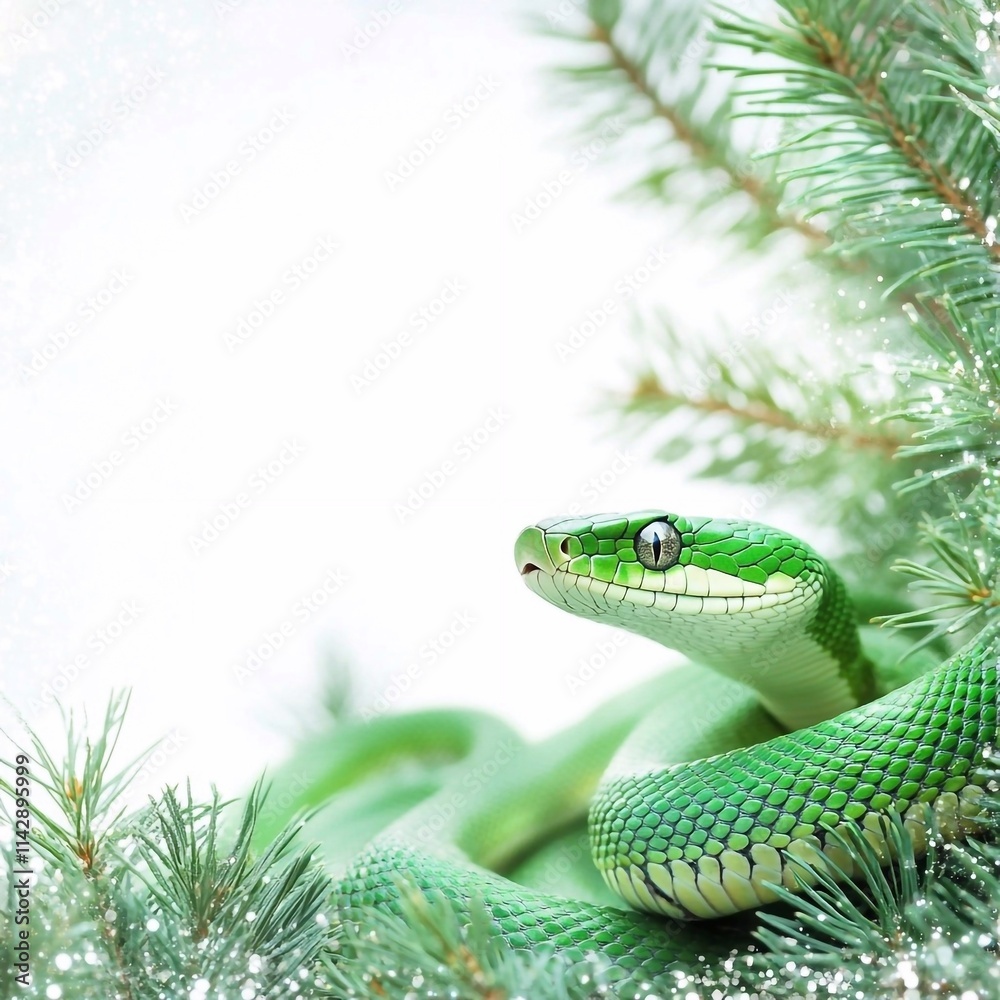 Obraz premium Green snake against the background of a snow-covered fir tree, on white background, empty white frame for text, copy space. Symbol of 2025 year of the Snake, picture for postcard and poster calendar