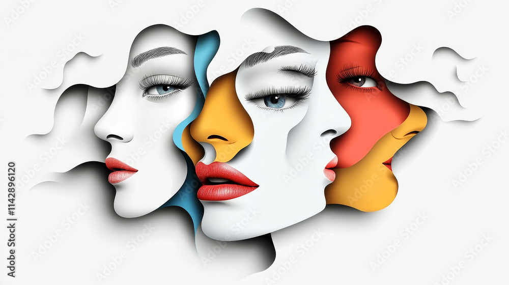 Artistic exploration of beauty and confidence through abstract female faces in vibrant cutout design Artistic exploration of beauty and confidence through abstract female faces in vibrant cutout design