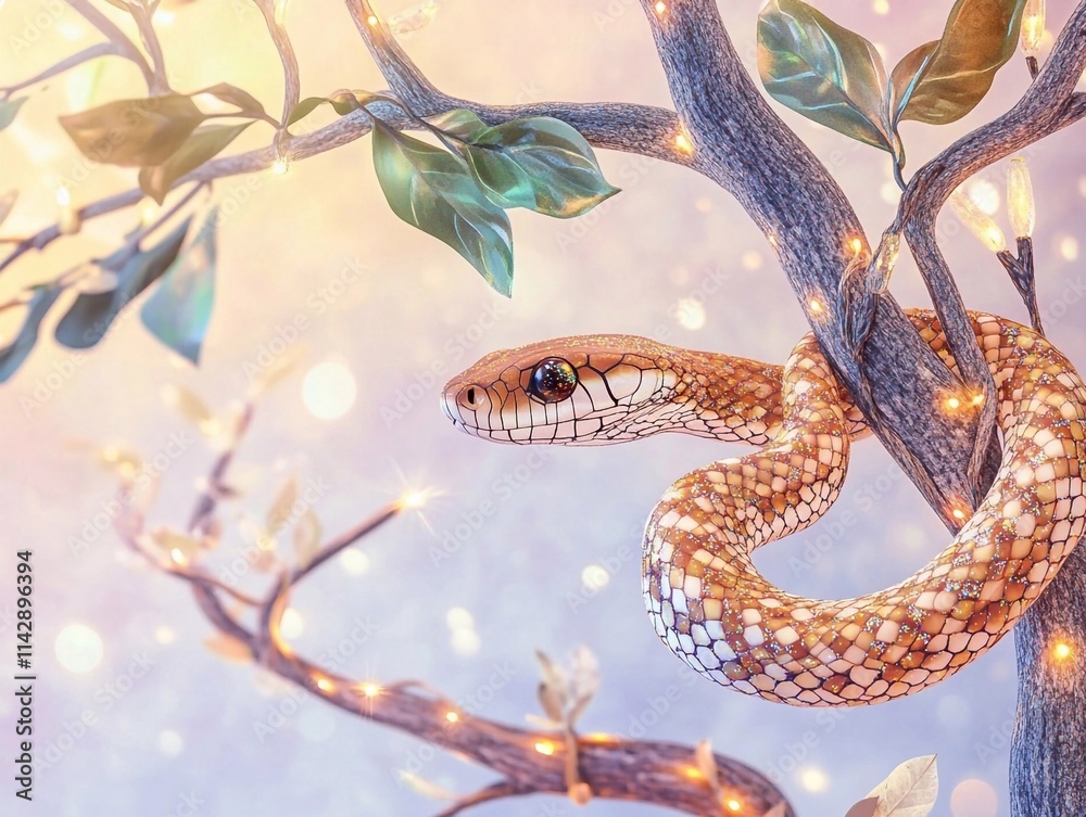 Obraz premium dragon on the tree, Cute 3D cartoon snake with glitter and sparkle on scales on a tree branch, against the backdrop of New Year's lights, on a light background